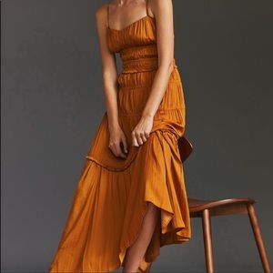 SOLD | NWOT Anthropologie Gold Satin Ruched Midi Dress